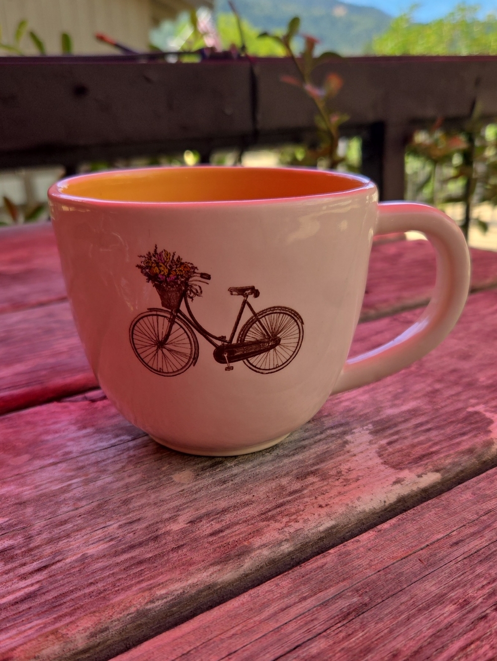 White Ceramic Mug with Bike & Floral Basket Design - Magenta